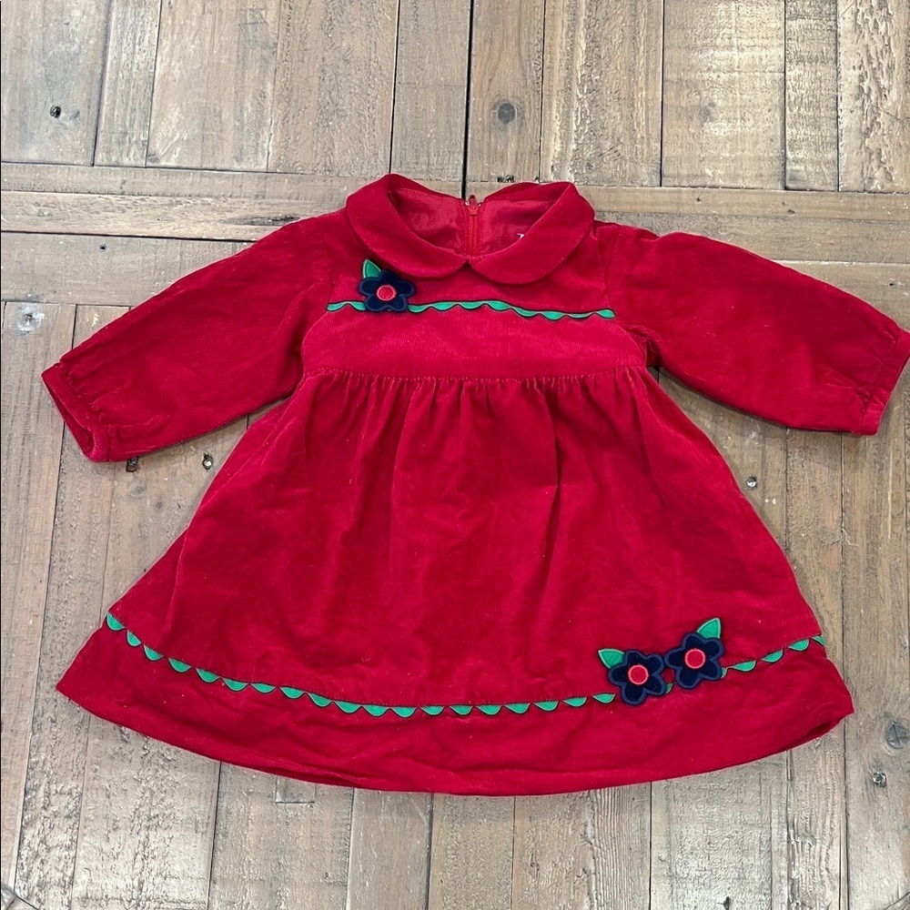 Florence Eiseman red corduory floral appliqué dress girls 12 months classic